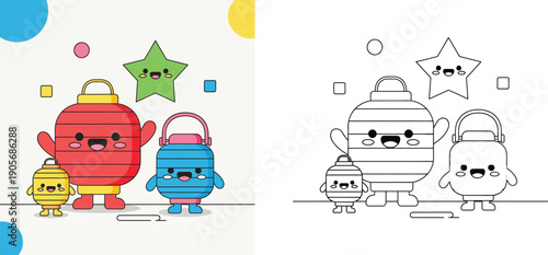Kawaii Lantern Characters Coloring Page for Kids, Cute Star and Lantern Friends Vector Illustration for Mid-Autumn Festival Celebration and Educational Activity Book Design