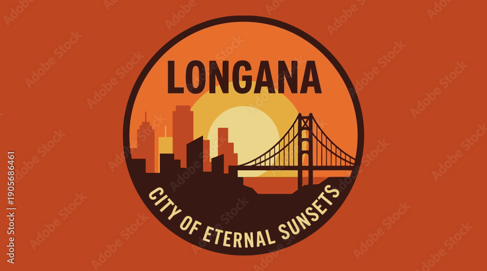 Obraz premium LONGANA CITY OF ETERNAL SUNSETS A Vibrant Emblem Showcasing a Cityscape Featuring a Golden Gate-Inspired Bridge and a Radiant Sunset, Symbolizing an Idyllic Urban Lifestyle and Scenic Beauty