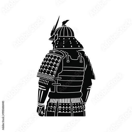 Traditional Japanese Samurai Warrior Silhouette Standing in Full Ceremonial Armor, Isolated on White Background for Graphic Design and Logo Use, Minimalist Black and White Vector Illustration