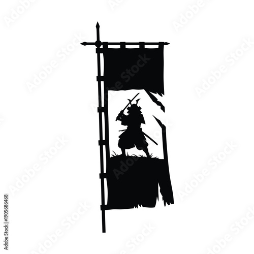 Black Silhouette of a Japanese Samurai Warrior Holding a Katana Sword in a Combat Stance Framed Inside a Tattered Sashimono War Banner, Minimalist Bushido Graphic Design on White Background.