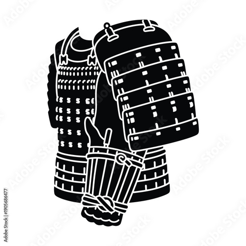 Traditional Japanese Samurai Armor Silhouette Representing Ancient Warrior Protection and Bushido Spirit Isolated on White Background with Hand-Drawn Black Ink Style and Intricate Details.