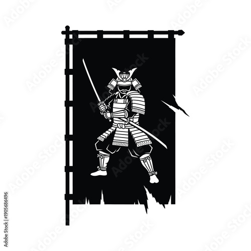 Japanese Samurai Warrior in Traditional Armor Holding a Katana Sword in a Combat Stance Set Against a Tattered War Banner Background Minimalist Black and White Vector Illustration.