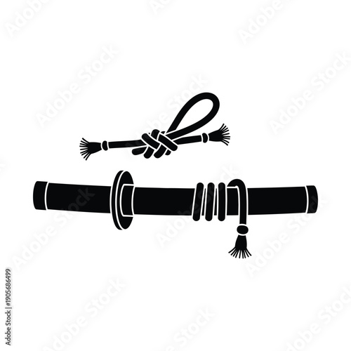 Konstfotografi Traditional Japanese Katana Sword Silhouette with Sageo Cord Representing Samurai Heritage and Martial Arts Discipline Isolated on White Background for Minimalist Graphic Design
