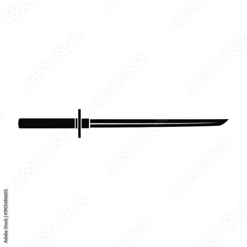 Traditional Japanese Katana Sword Silhouette Isolated on White Background Representing Samurai Warrior Culture and Martial Arts Heritage in a Minimalist Black and White Vector Graphic Design.