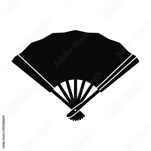 Traditional Japanese folding fan silhouette isolated on white background, minimalist graphic design for cultural events, Asian heritage celebrations, and elegant fashion accessories.