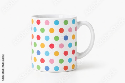 Ceramic coffee mug with multicolored polka dot pattern on white surface isolated with handle