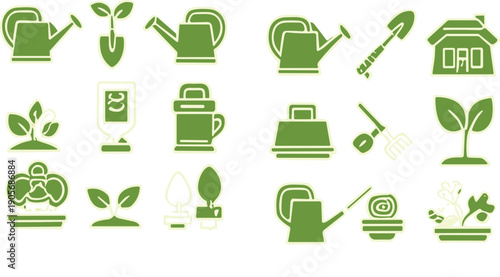 Green gardening icons collection with plants tools and eco home symbols flat vector illustration set