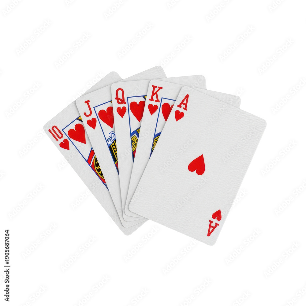 Obraz premium photorealistic flat lay of a flawless royal flush poker hand of hearts, fanned in an arc on a transparent studio background, ultra-detailed commercial victory concept