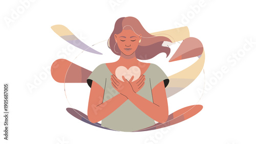 A woman gently embracing a heart, symbolizing self-love and inner peace.