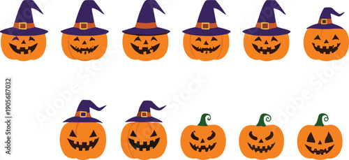 Halloween pumpkin witch hat cartoon vector set of spooky jack o lantern characters isolated festive illustration