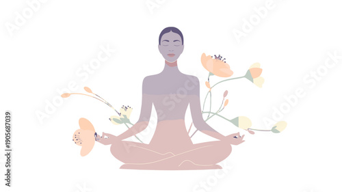 A serene illustration of a woman in deep meditation, surrounded by delicate flowers.