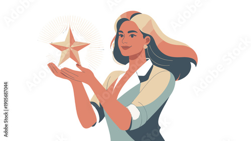 A woman holding a golden star, representing excellence and achievement.