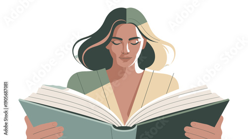 A woman engrossed in reading a large open book.