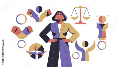 Strong woman embodying equality and justice, surrounded by symbolic elements.