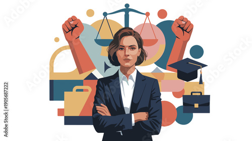 An illustrated woman in the legal field with symbols related to law.