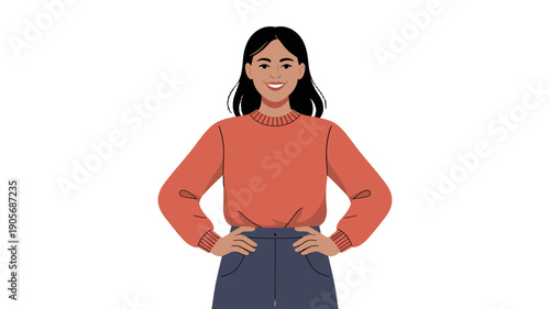 A confident woman poses with hands on her hips, showcasing self-assurance.