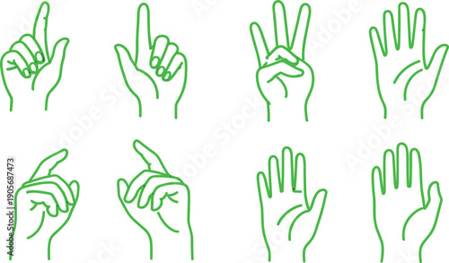 Hand gesture icons collection with minimalist line art hands showing counting and pointing signs vector illustration set