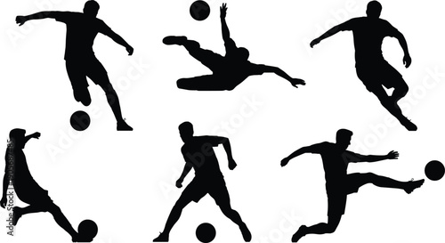 Set of soccer player silhouettes in dynamic kicking, dribbling and jumping poses isolated on white background for sports design