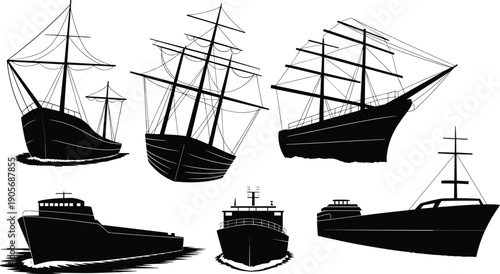 Ship silhouette collection featuring vintage sailing vessels and modern boats isolated on white background, maritime transport set for design projects