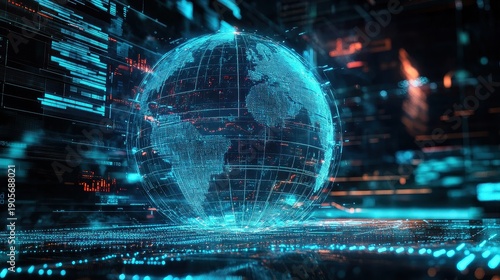 Advanced digital globe built from light pixels hovering over virtual trading floor cyberpunk colors real time stock waves AI finance network futuristic business vision high clarity 