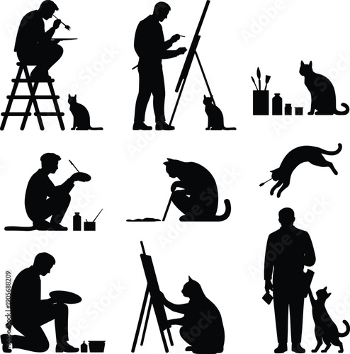 WebSilhouette artists and cats painting together, creative pets, whimsical feline art scenes, humorous illustration, artistic interaction, black figures, design