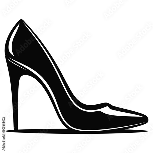 Black and white silhouette of women's high heel pump shoe with pointed toe and thin stiletto heel fashionable feminine footwear vector illustration