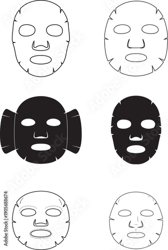 Minimalist face sheet mask icons set for skin care routine and facial treatment illustration with various mask styles and designs
