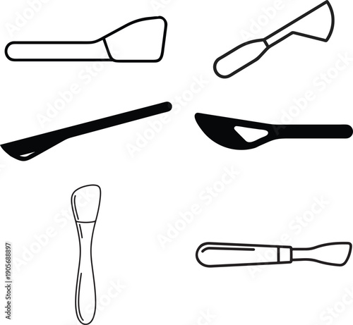 Set of cosmetic spatula tools for cream application and mixing skincare products in various shapes and sizes for professional use