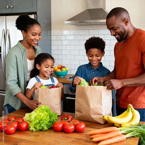 Wallpaper Mural African American family unpacking fresh organic groceries in modern kitchen with children and parents, healthy lifestyle and home food delivery concept with vegetables and fruits. Torontodigital.ca