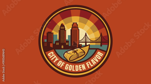 Retro Cityscape Emblem with a Delicious Wrap, Celebrating the Unique Essence of a City Known for its Golden Flavors and Iconic Landmarks - A Nostalgic Travel Souvenir