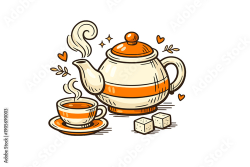 A stylized illustration of a cream and orange teapot and a matching teacup on a saucer, accompanied by two sugar cubes and decorative steam swirls on a black background.