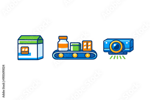 Three stylized icons showing a medicine package, a conveyor belt with various pharmaceutical products, and a sensor camera scanning items for quality assurance in a factory.