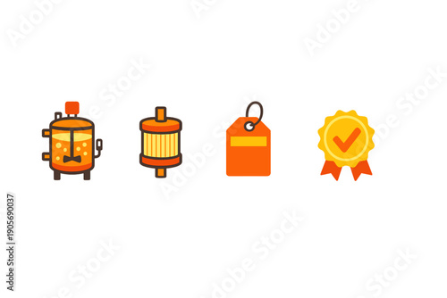 Four flat vector icons in orange and yellow tones displayed on a black background, depicting a chemical reactor, a filtration unit, a price tag, and a quality guarantee badge.
