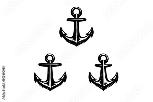Three minimalist white anchor icons are arranged in a triangular formation against a solid black background. The simple line art design creates a clean and modern nautical aesthetic.