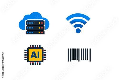 This set of four digital icons features a cloud storage server, a wireless wifi signal, an artificial intelligence microchip, and a standard barcode against a dark background.