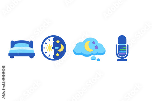 This illustration features four stylized icons on a black background: a bed, a clock showing day and night, a dream bubble with a moon, and a microphone for sleep tracking.