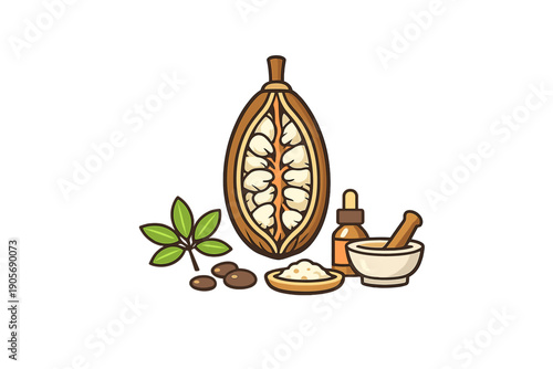 A flat vector illustration featuring a halved cocoa pod with seeds, green leaves, brown beans, a bowl of powder, a dropper bottle, and a mortar and pestle on a black background.