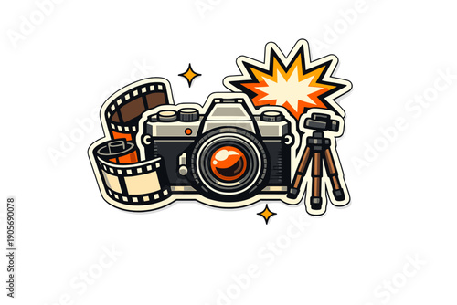 This sticker-style graphic features a classic analog camera accompanied by a film strip, a small tripod, and a vibrant orange flash burst, all outlined with a thick white border.