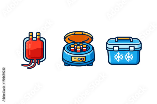 This set of medical illustrations includes a red blood bag, a blue laboratory centrifuge containing test tubes, and a blue cooler box with snowflake icons on a black background.
