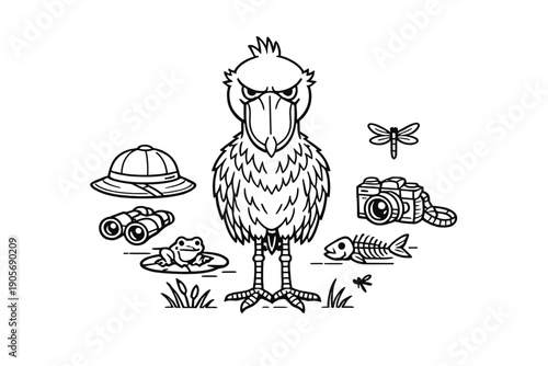 A black and white line art illustration of a grumpy shoebill stork surrounded by safari gear, including a pith hat, binoculars, a camera, a frog, a dragonfly, and a fish skeleton.