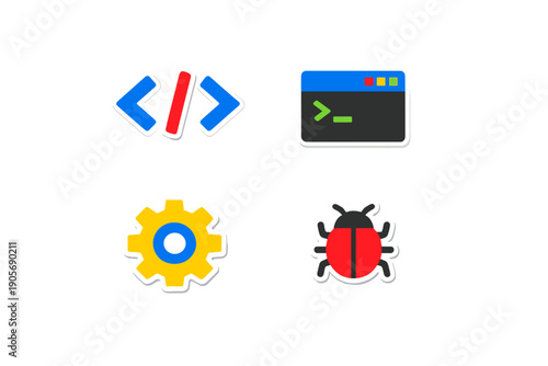 A collection of four colorful software development icons including code brackets, a terminal window, a gear, and a bug, displayed on a black background with a sticker-like style.