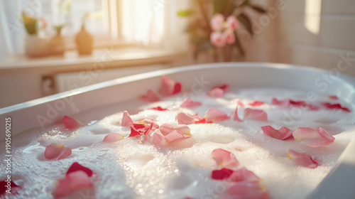 Rose petal bubble bath in white bathtub