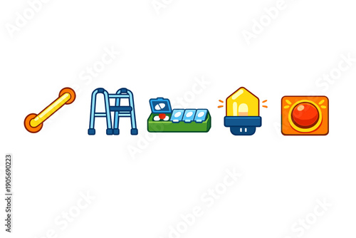 A collection of colorful icons representing elderly care and medical assistance, including a grab bar, a walker, a pill organizer, a flashing light, and an emergency alert button.
