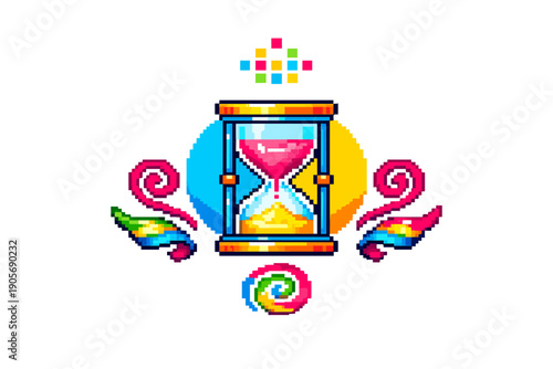 A pixel art illustration of an hourglass with pink and yellow sand, set against a black background with colorful swirls, ribbons, and geometric shapes in a retro gaming style.