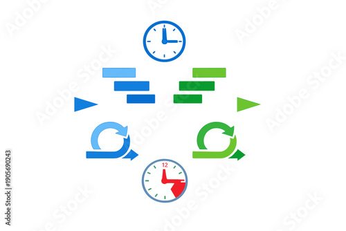 A graphic display of business icons including clocks, progress bars, flags, and circular arrows representing agile workflows in blue and green on a solid black backdrop.