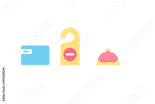 Three colorful hotel icons including a blue key card, a yellow do not disturb door hanger, and a pink service bell are displayed against a solid black background in a flat style.