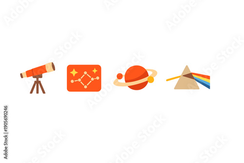 This collection features four minimalist science icons: a telescope on a tripod, a constellation map, a ringed planet with moons, and a prism dispersing light into a rainbow.