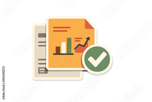 A flat illustration of business documents featuring a bar chart and an upward-trending line graph, accompanied by a green checkmark symbol on a black background.