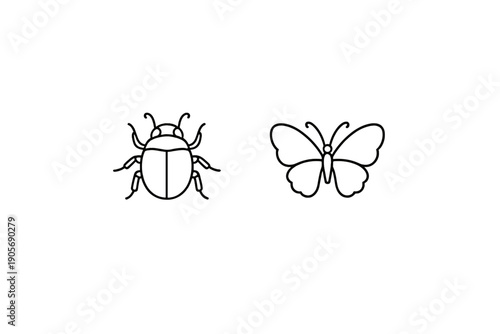Minimalist line art illustration featuring a beetle and a butterfly with white outlines on a solid black background. Simple vector style drawing of two different insects.