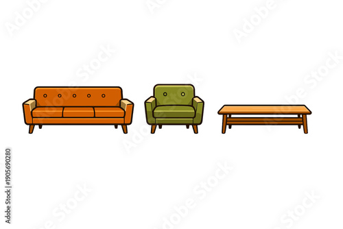 A flat vector illustration of a mid-century modern furniture set featuring an orange sofa, a green armchair, and a wooden coffee table isolated on a black background.